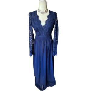 Lulus Lace Open Back Full Length Blue Formal Party Gown/Dress, Women's Medium